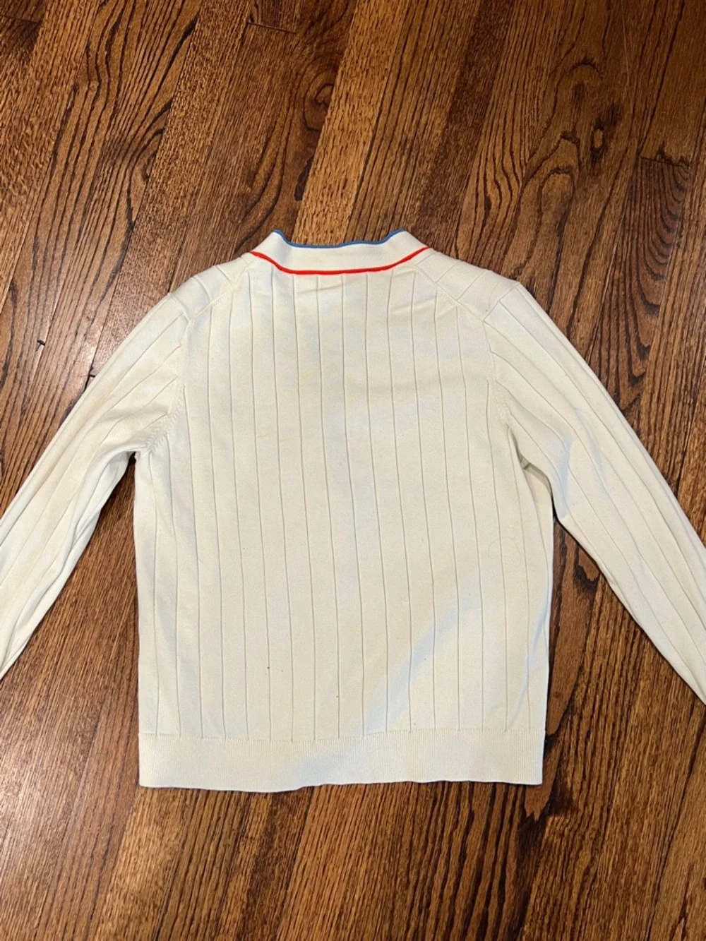 KULE Cream Ribbed Cardigan with Red & Blue Piping - Picture 5 of 6